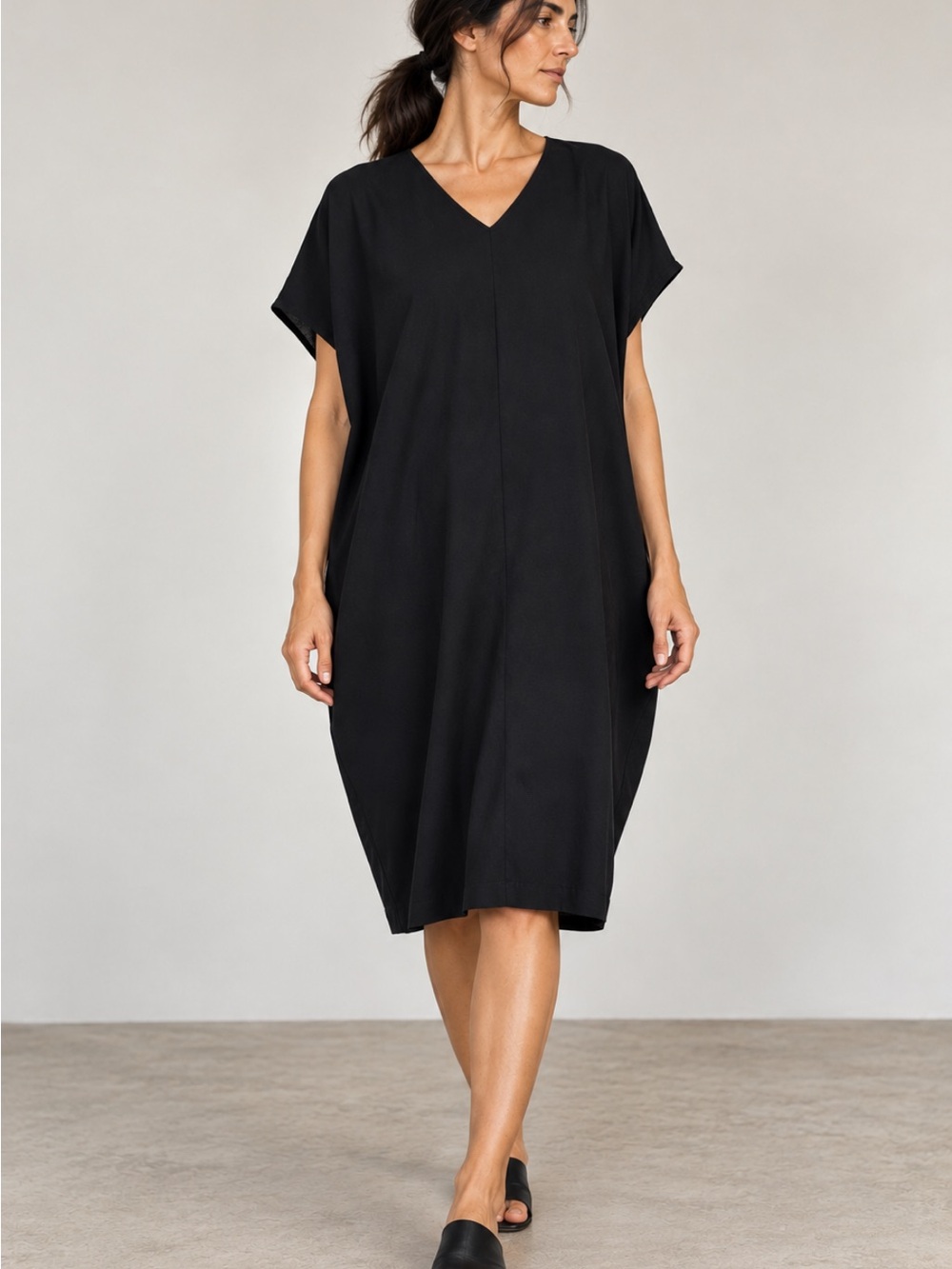 Eileen Fisher Silk Georgette Crepe V-Neck Cocoon Dress Black Size L